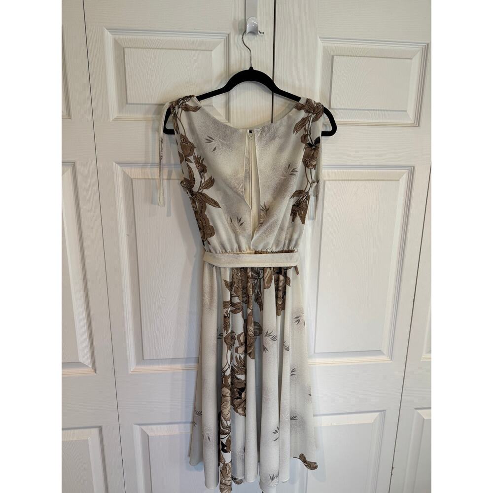 Vintage Floral Print Dress Sleeveless Tie Strap Midi Cream Brown - Picture 6 of 8